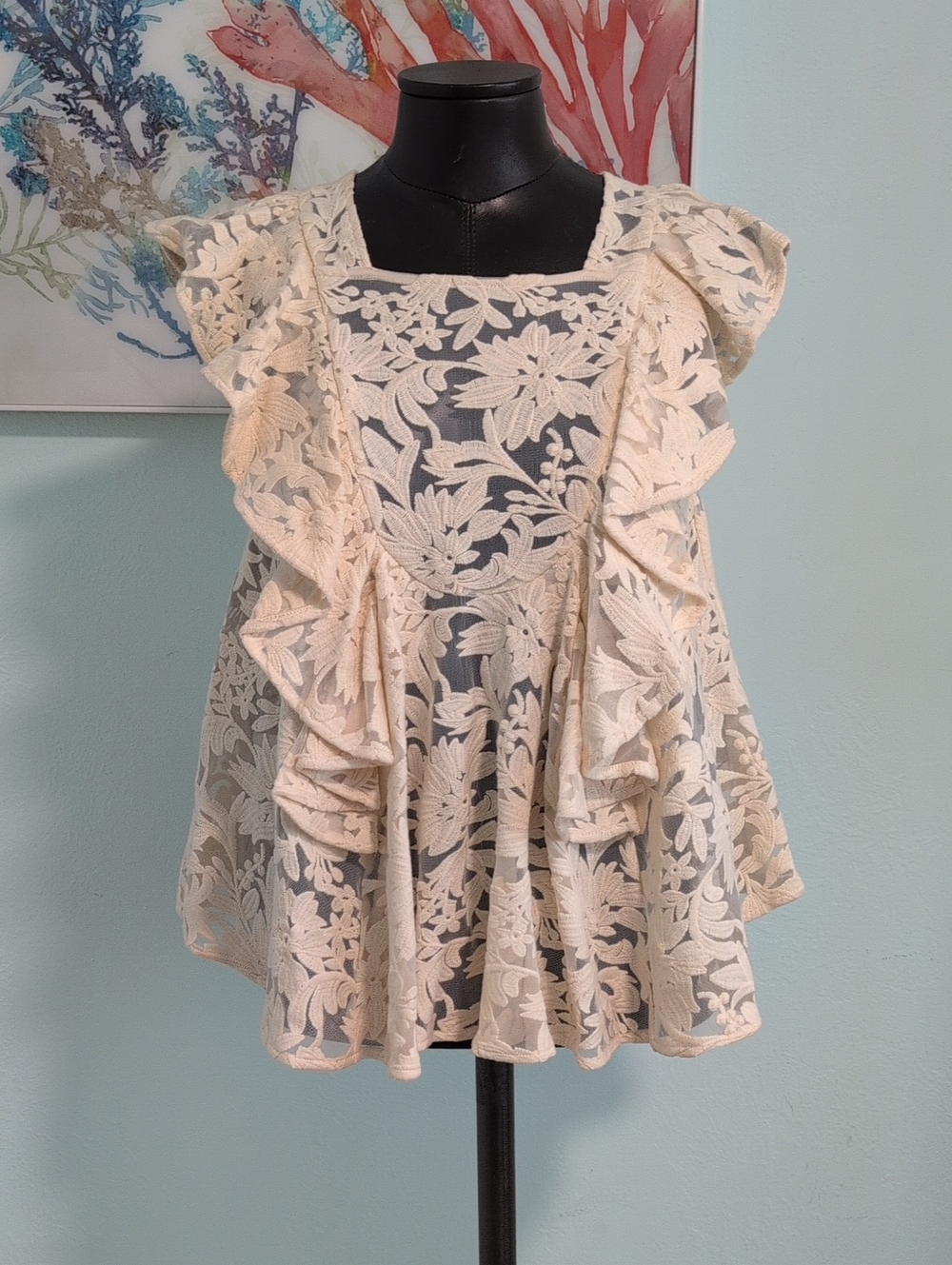 Rebecca Minkoff Cream Floral Lace Ruffle Blouse